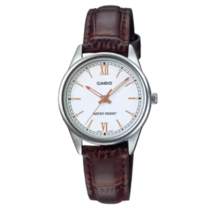Casio LTP-V005L-7B3 Quartz White Dial Stainless Steel Case Brown Leather Strap Women's Watch